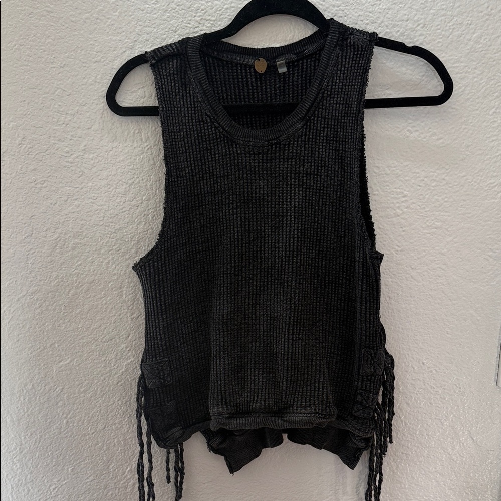 Free People Black Cotton Ribbed Tank with Side Ties